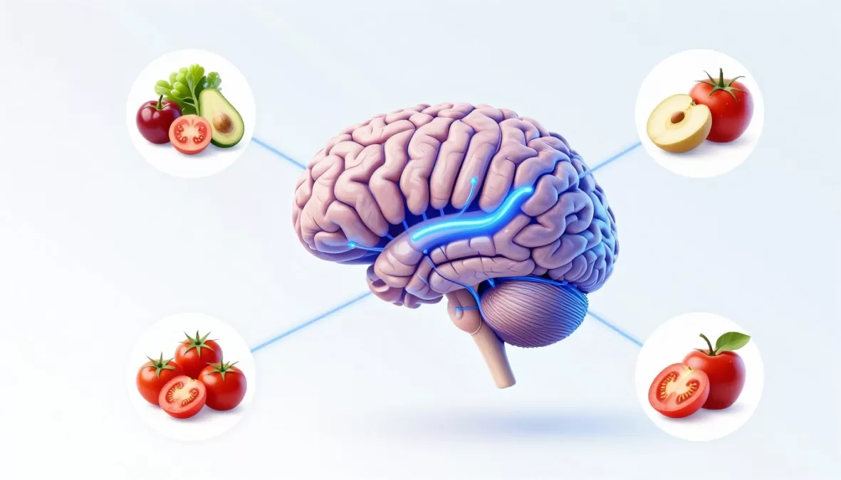 scientific illustration showing connection between healthy foods and brain function with neural pathways