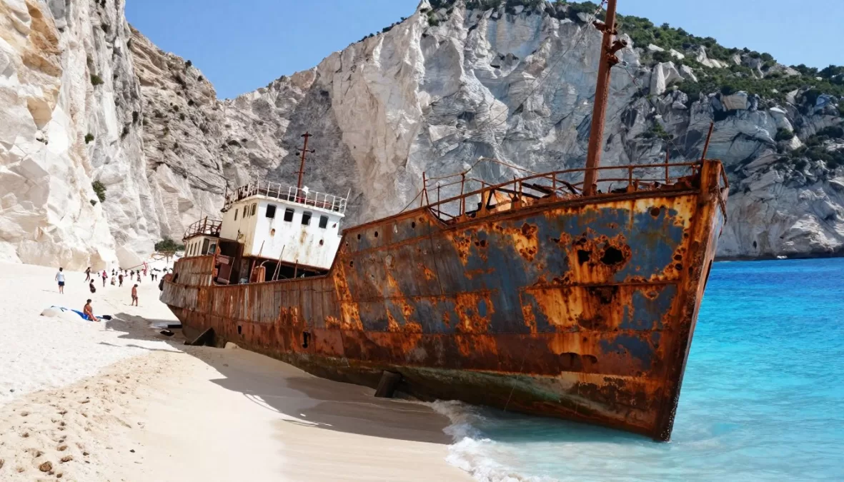 shipwreck Navagio Beach white cliffs turquoise water close up