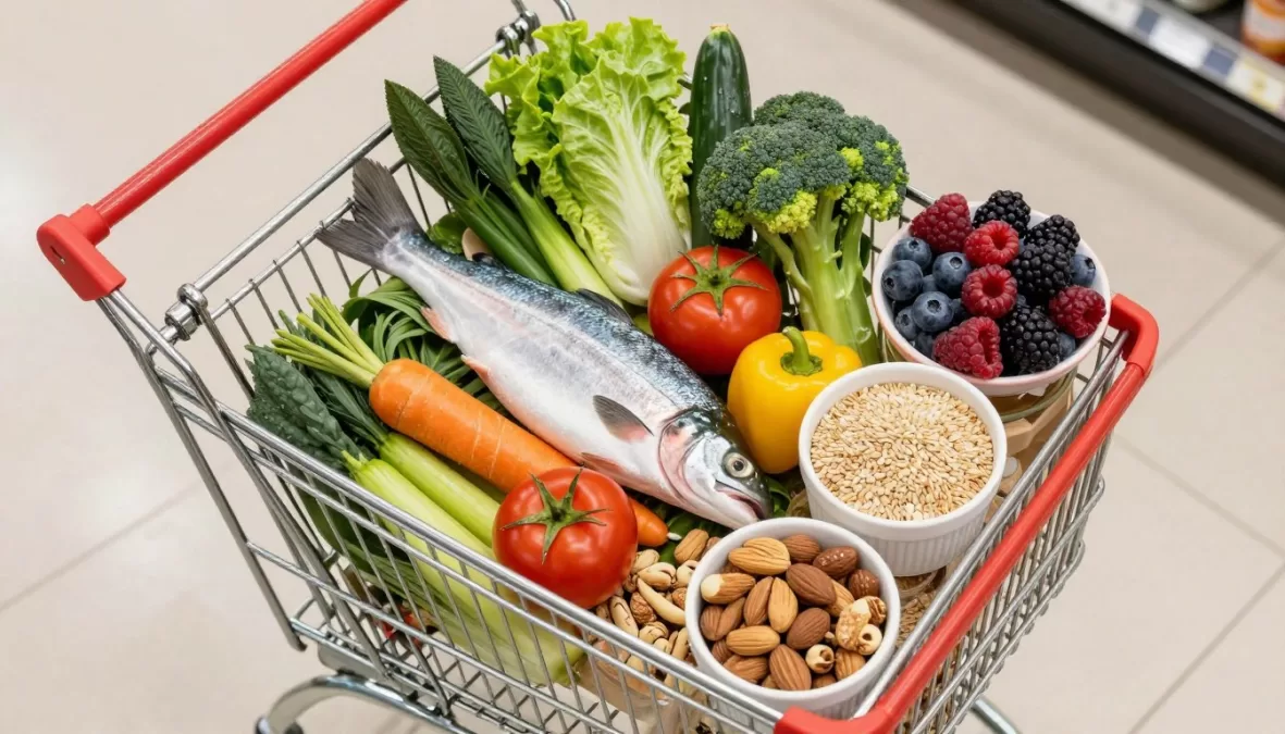 shopping cart with brain-healthy foods and grocery list for cognitive nutrition