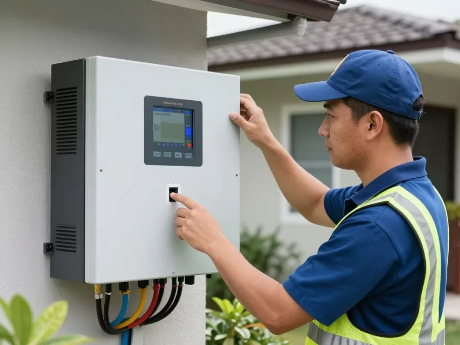 solar installer conducting final system testing and activation