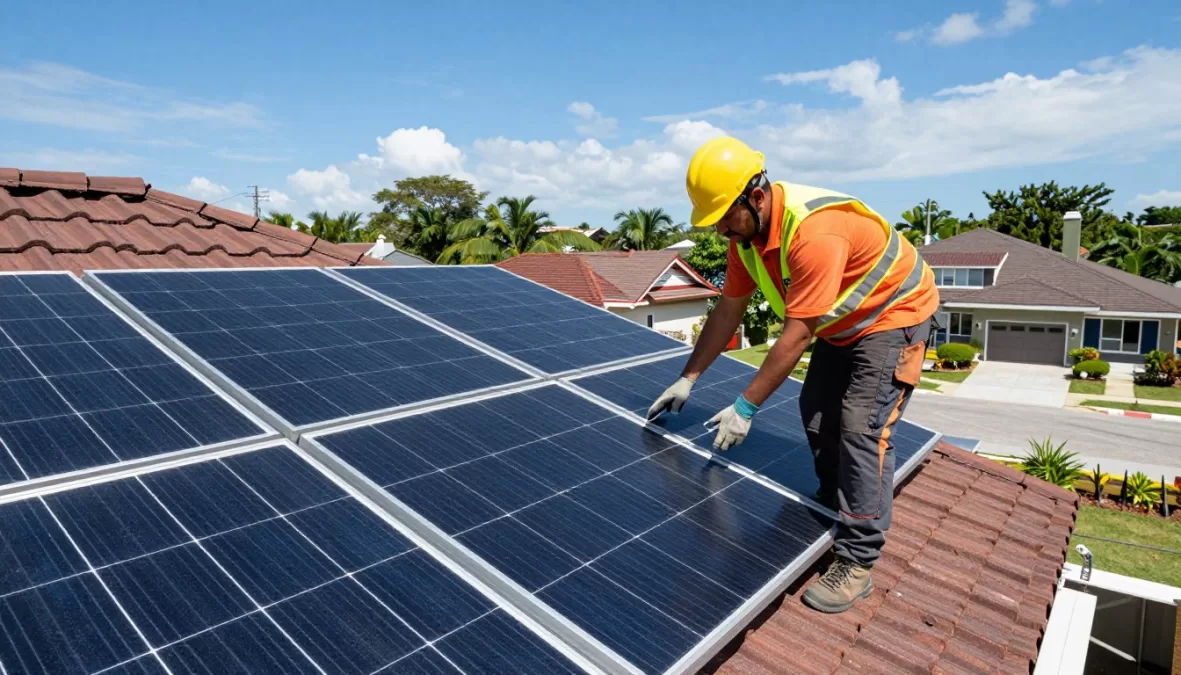 solar installer working on residential roof in Philippines