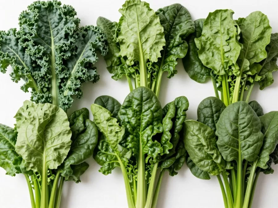 variety of fresh leafy greens including kale, spinach, and collards showing brain health nutrients