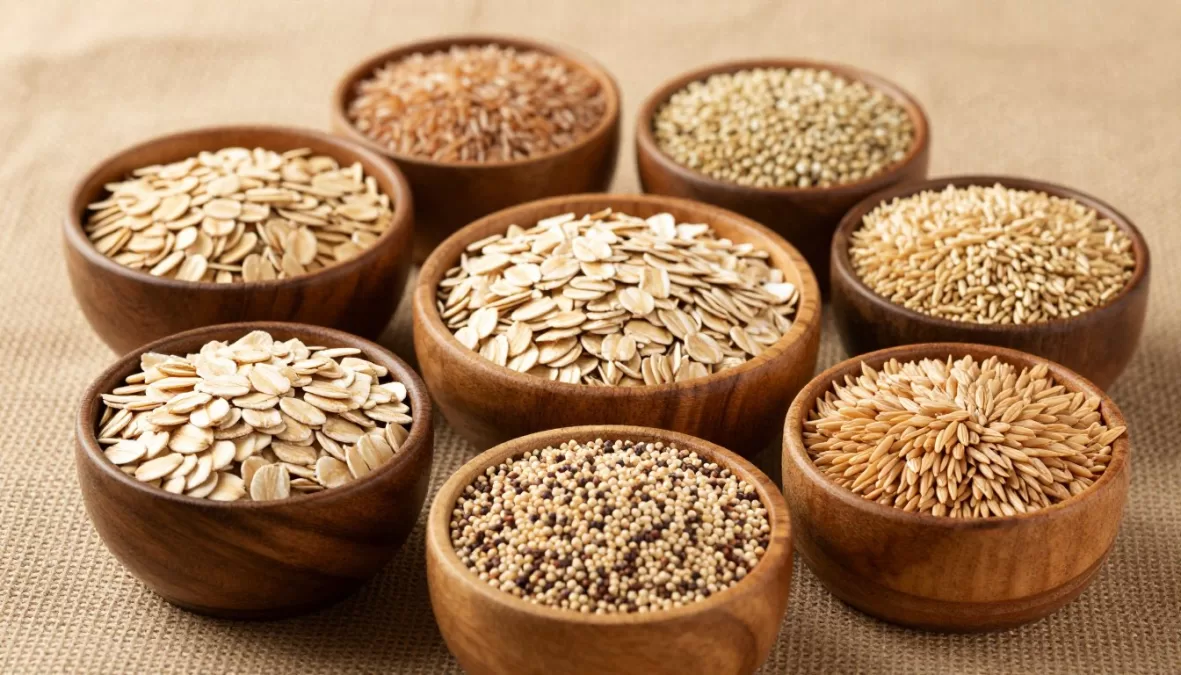 variety of whole grains including oats, quinoa, and brown rice showing complex carbohydrates for brain energy