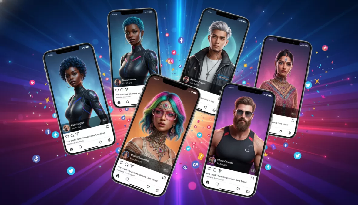 AI influencers on Instagram digital collage featuring virtual avatars