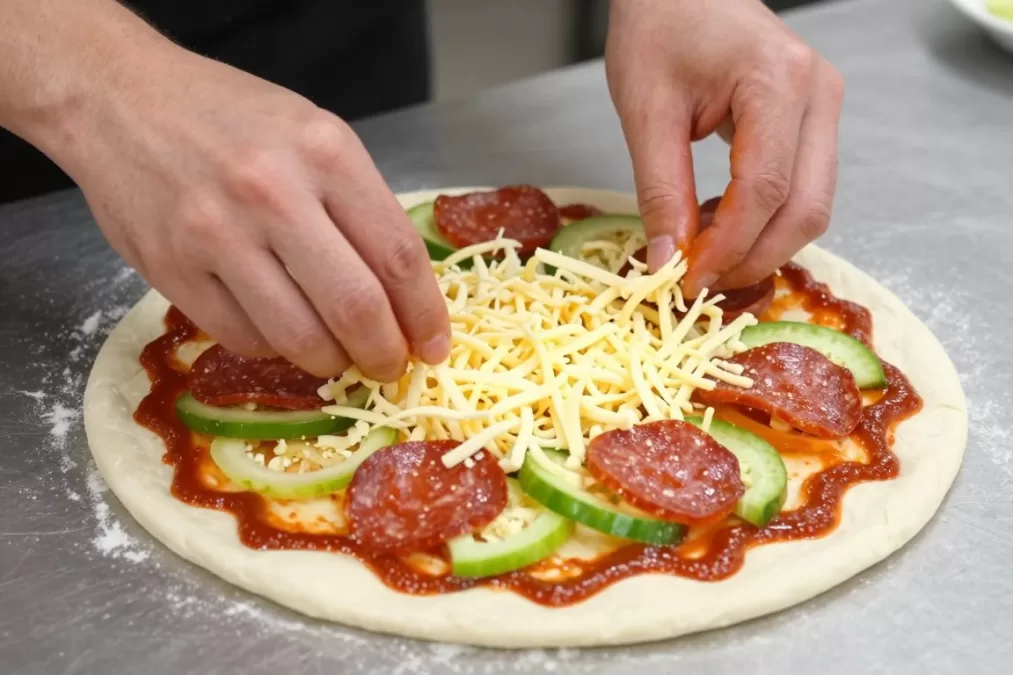 Adding toppings to uncooked pizza