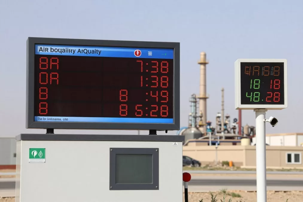 Air quality monitoring station in Ahvaz showing pollution and heat data
