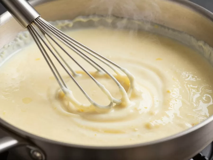 Alfredo sauce bubbling in pan with whisk
