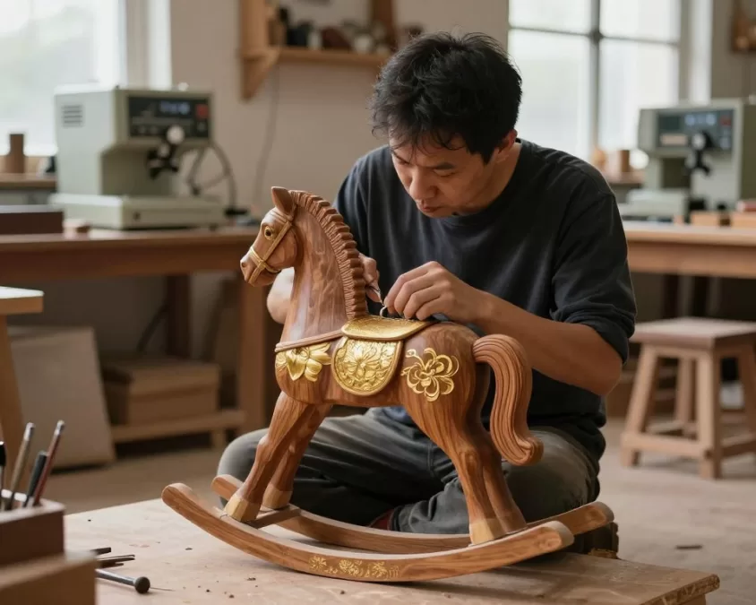 Artisan applying gold leaf to wooden rocking horse in workshop