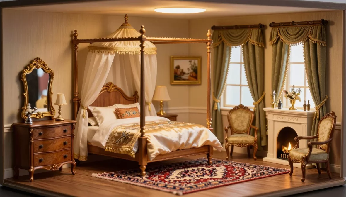 Astolat Dollhouse bedroom suite showing four-poster bed and period furnishings