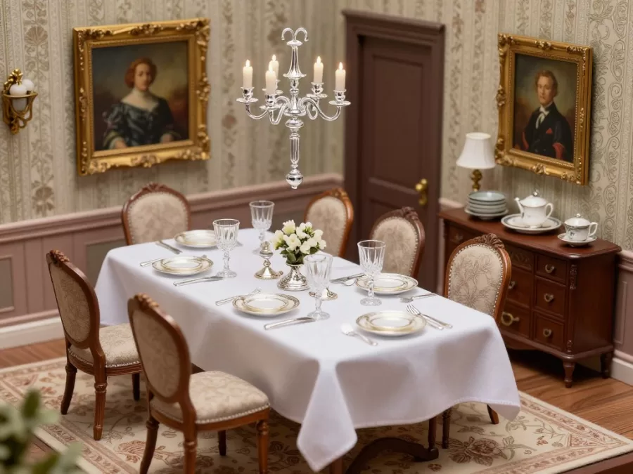Astolat Dollhouse dining room set for miniature dinner party