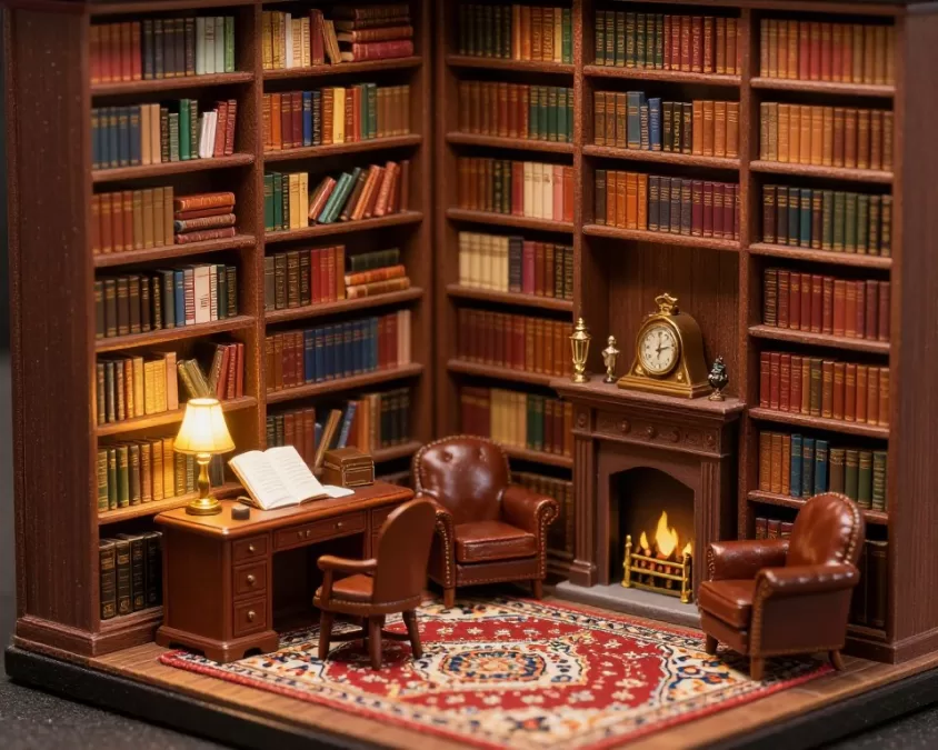 Astolat Dollhouse library room showing tiny books and furniture details