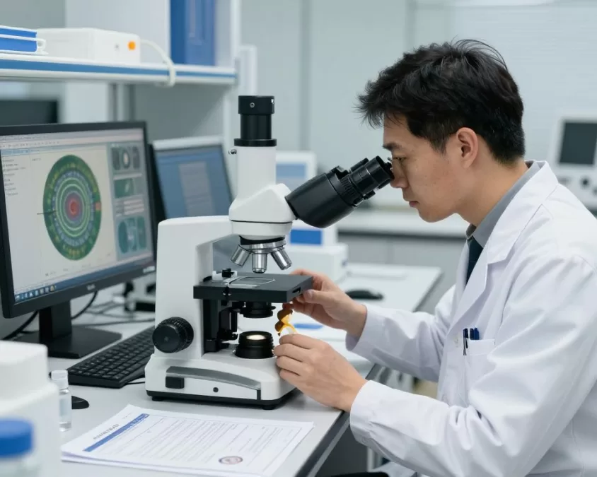 Authentication specialist examining luxury toy under microscope in laboratory