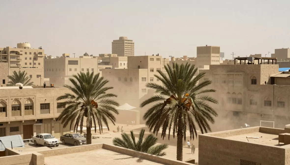 Basra city view during extreme heat conditions with shimmering air and intense sunlight