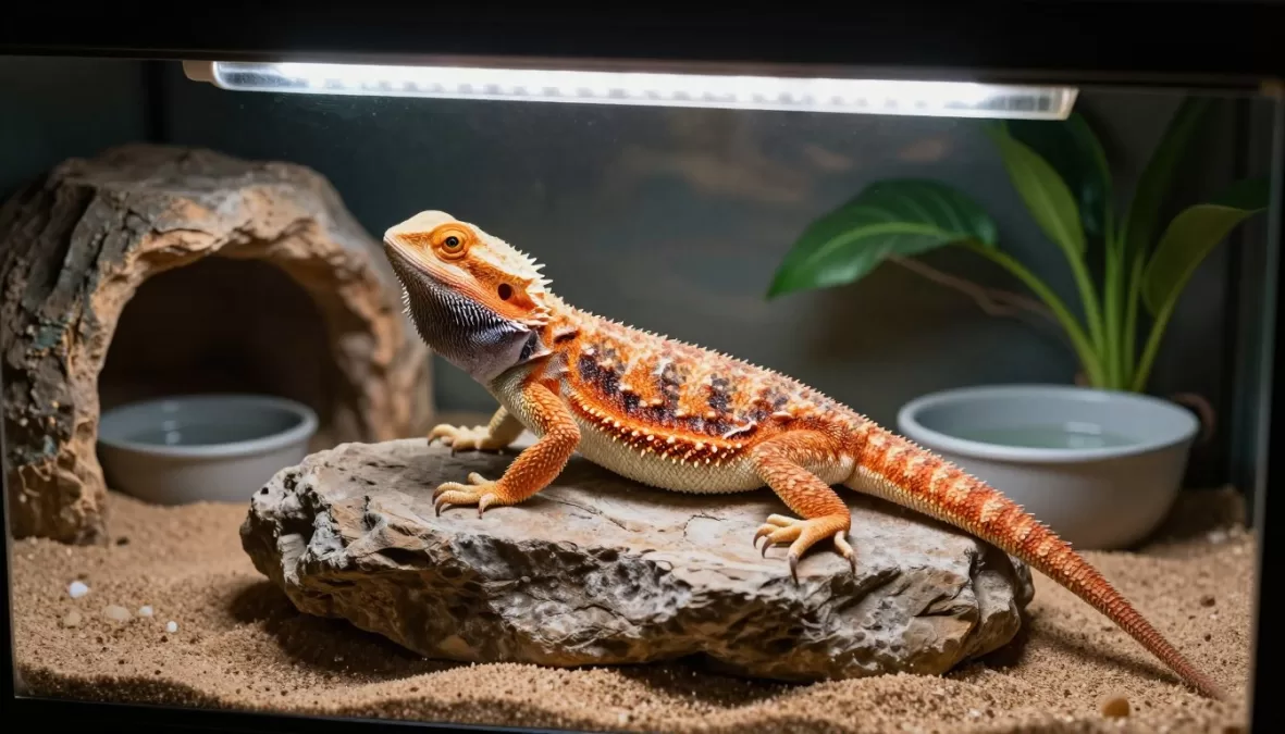 Bearded dragon basking under heat lamp in terrarium setup