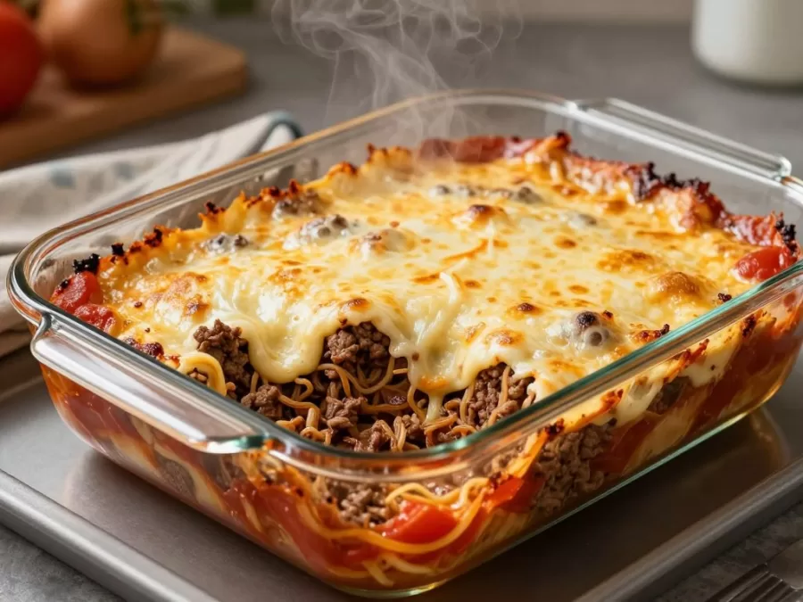 Beef and cheese casserole fresh from oven
