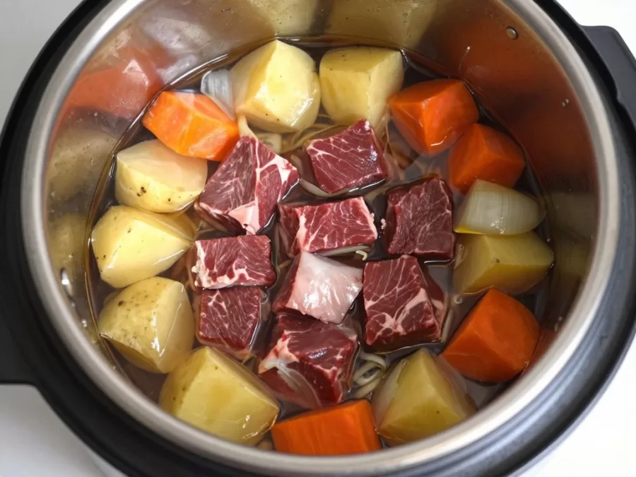 Beef stew ingredients in instant pot before cooking