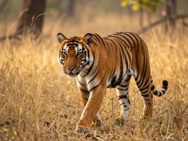 Bengal tiger walking through tall grass in Indian national park