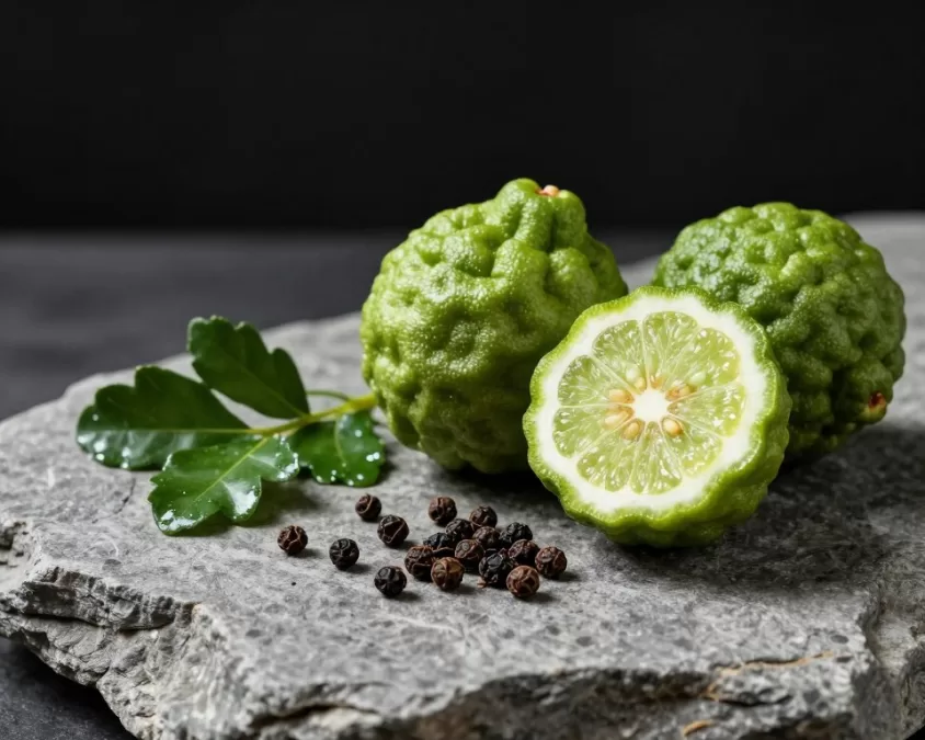 Bergamot citrus and Sichuan pepper on stone surface
