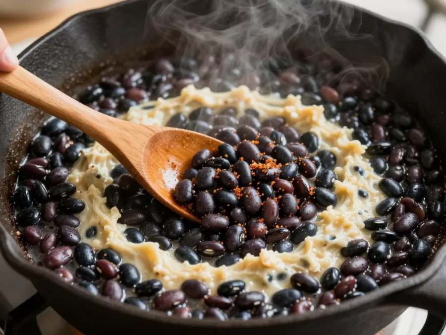 Black beans cooking with spices in pan