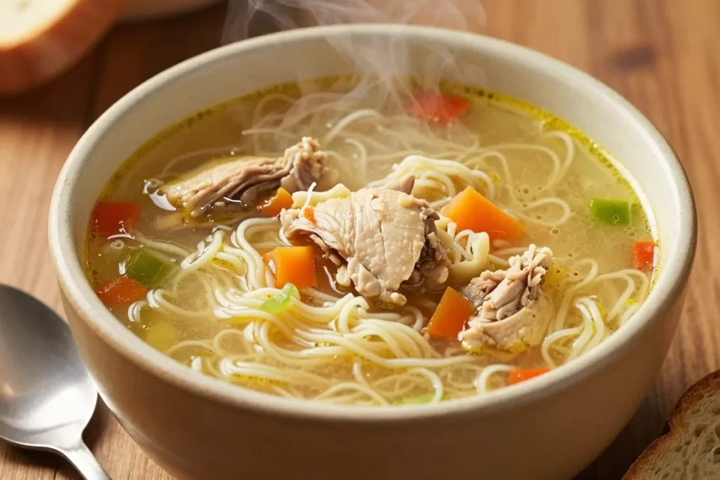Bowl of finished chicken noodle soup with spoon