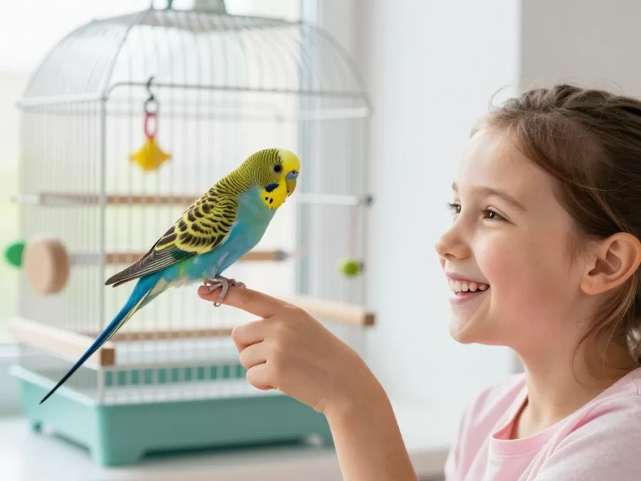Bright parakeet perched on child's finger near colorful bird cage
