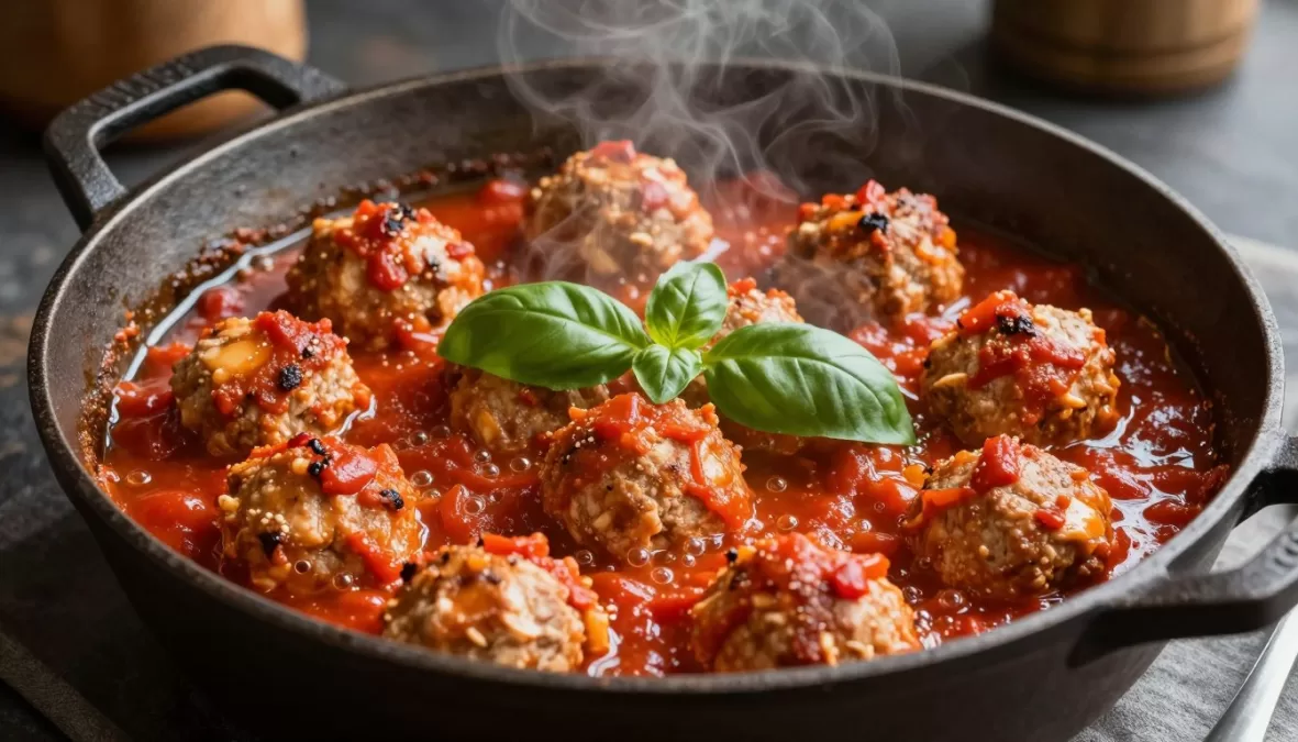 Chicken meatballs simmering in red tomato sauce