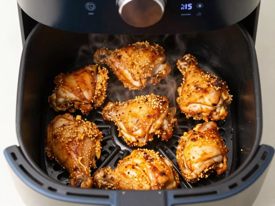Chicken pieces in air fryer basket cooking