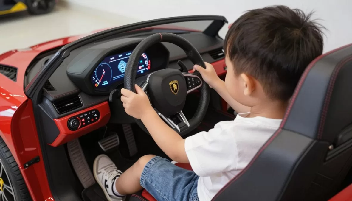 Child driving Lamborghini ride-on car showing functional dashboard and steering features