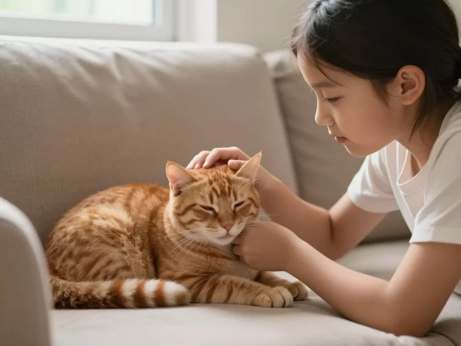 Child gently petting a calm tabby cat on a cozy couch