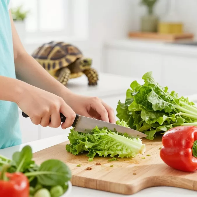 Child preparing fresh vegetables for pet tortoise