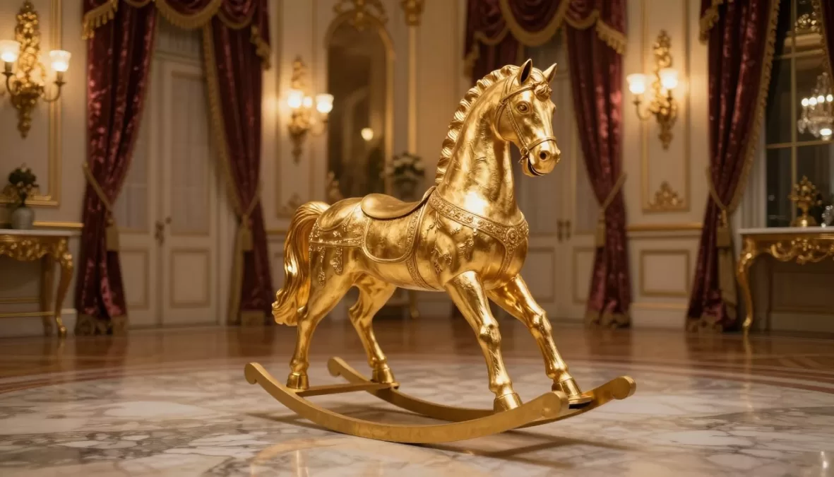 Classic rocking horse covered in gold finish in royal palace room setting