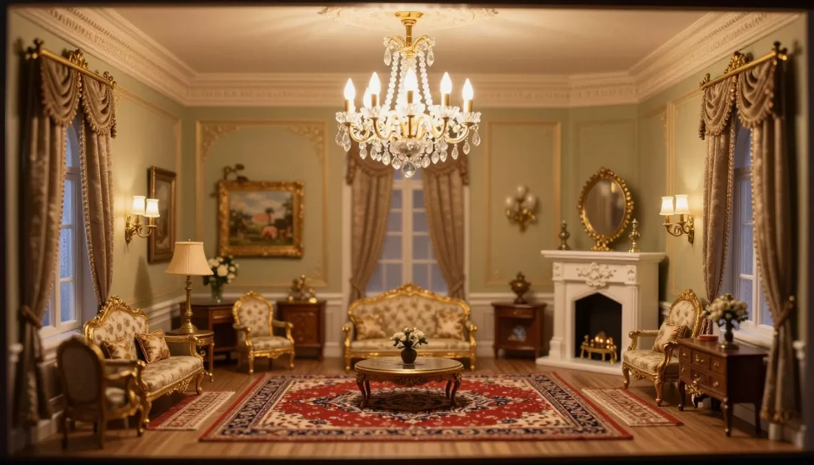Close-up of Astolat Dollhouse grand ballroom with crystal chandeliers and miniature furniture