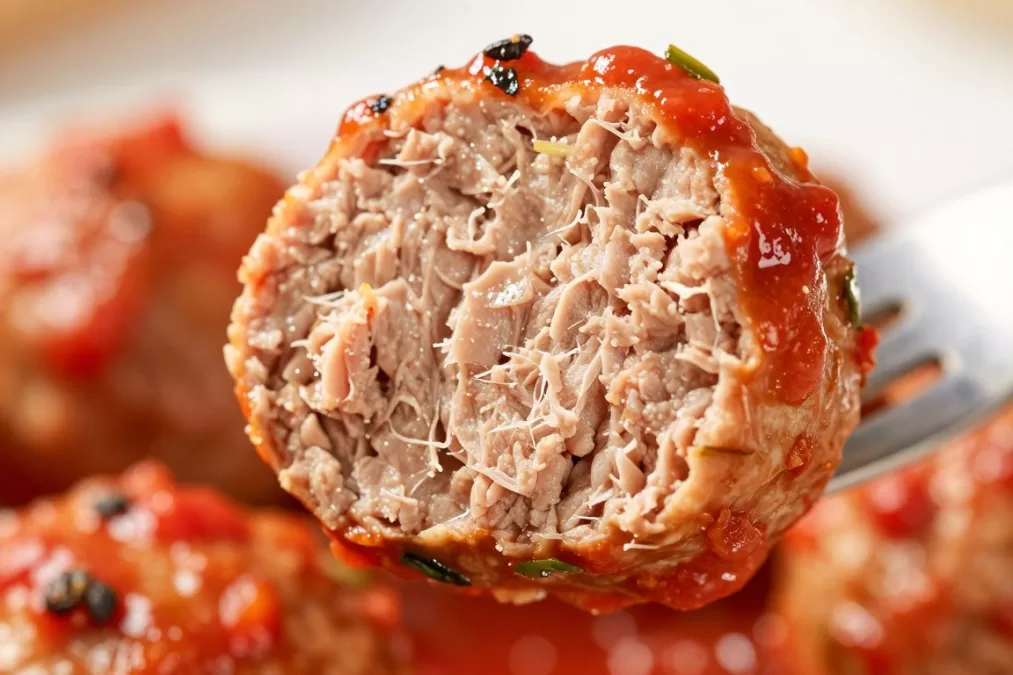 Close-up of chicken meatball cut in half