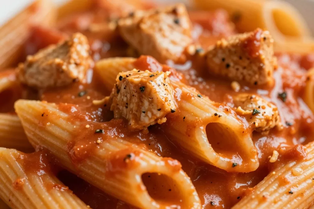 Close-up of creamy tomato sauce coating pasta with chicken