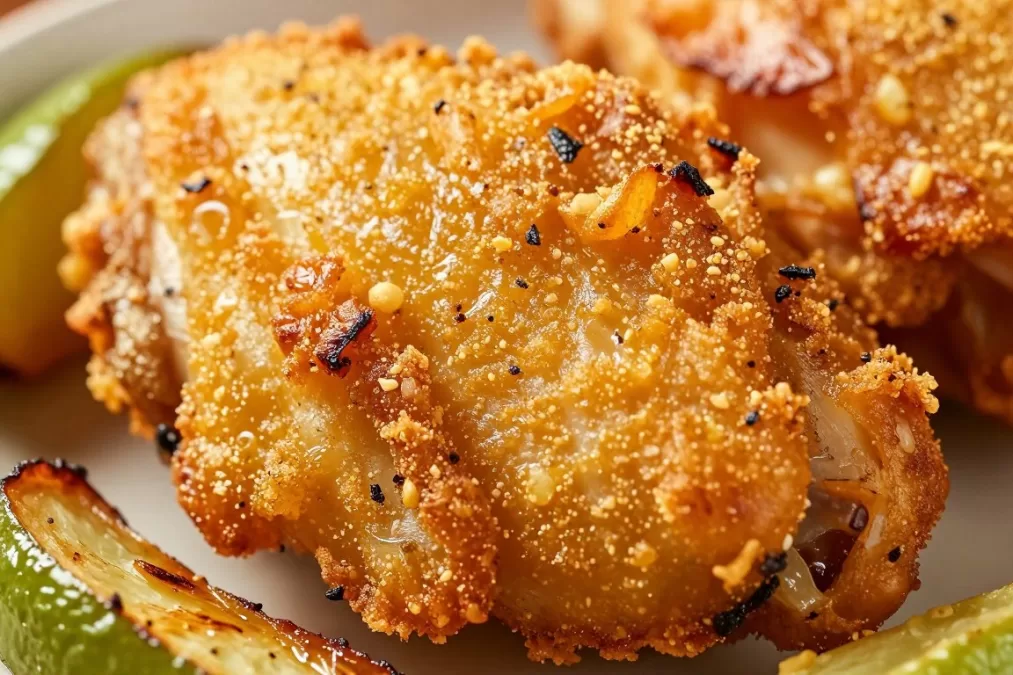 Close-up of crispy chicken skin on finished dish