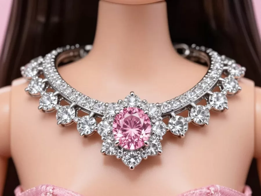 Close-up of diamond necklace worn by Barbie doll showing pink diamond centerpiece