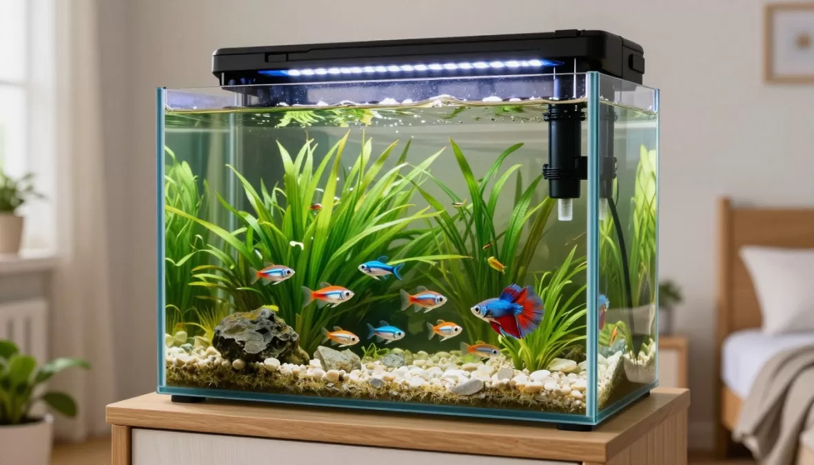 Colorful freshwater aquarium with tropical fish and aquatic plants