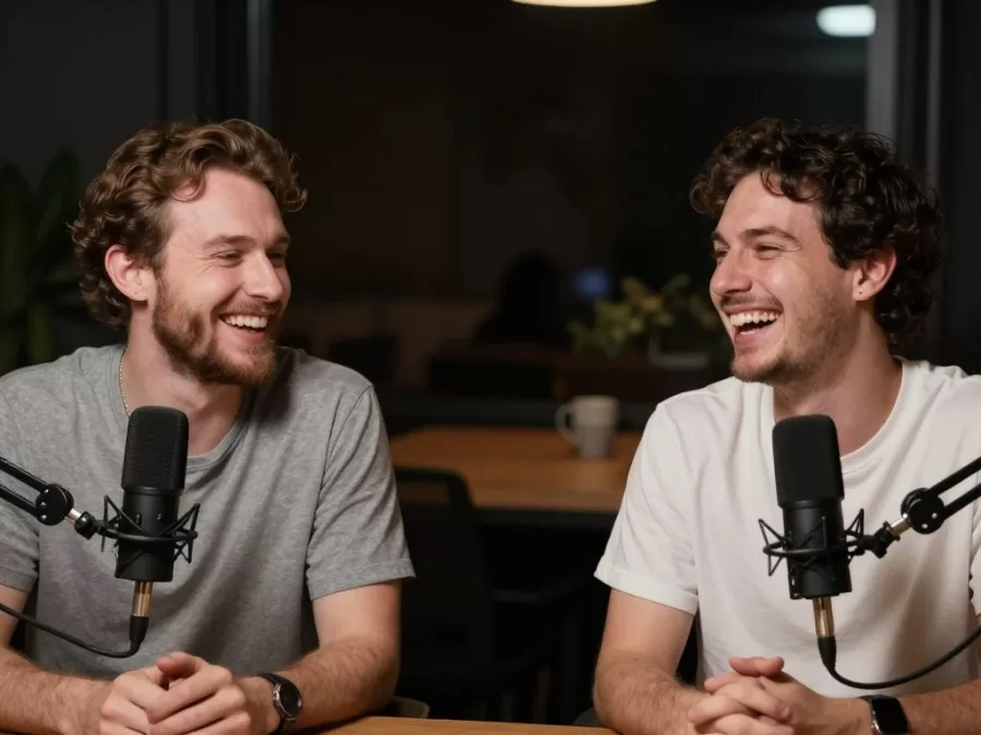 Comedy podcast recording session with laughter and good energy