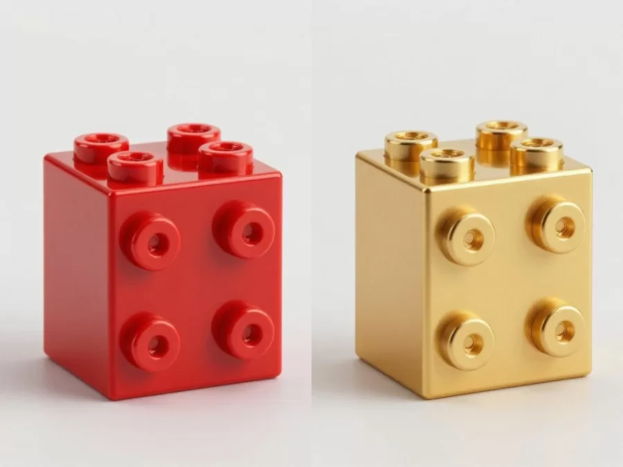 Comparison of standard plastic Lego brick next to solid gold version