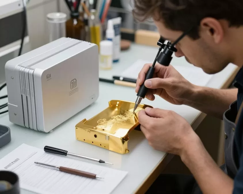 Craftsman applying gold plating to Nintendo Wii console in luxury workshop