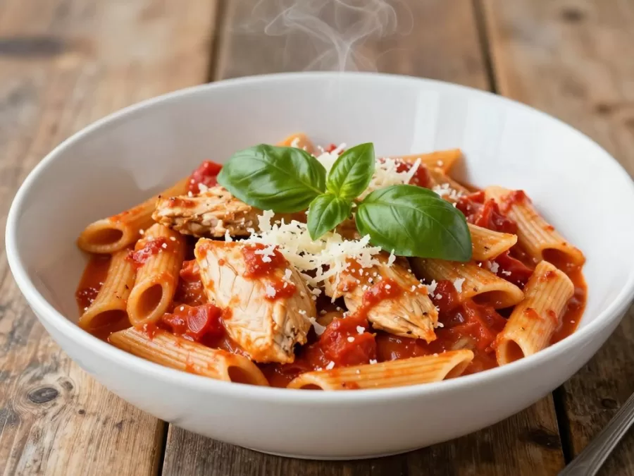 Creamy chicken pasta with tomato sauce in white bowl