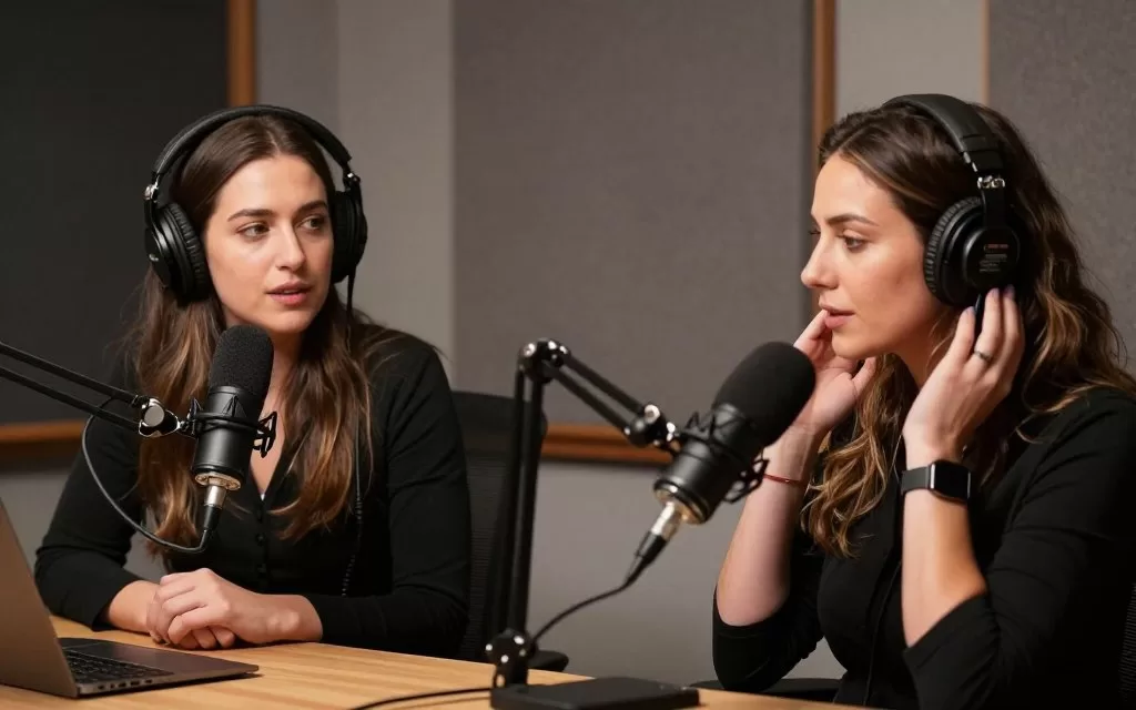 Crime Junkie hosts Ashley Flowers and Brit Prawat recording podcast