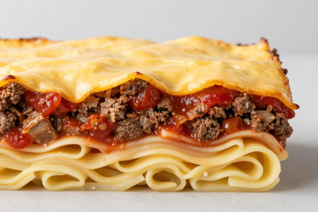 Cross-section view of layered beef casserole