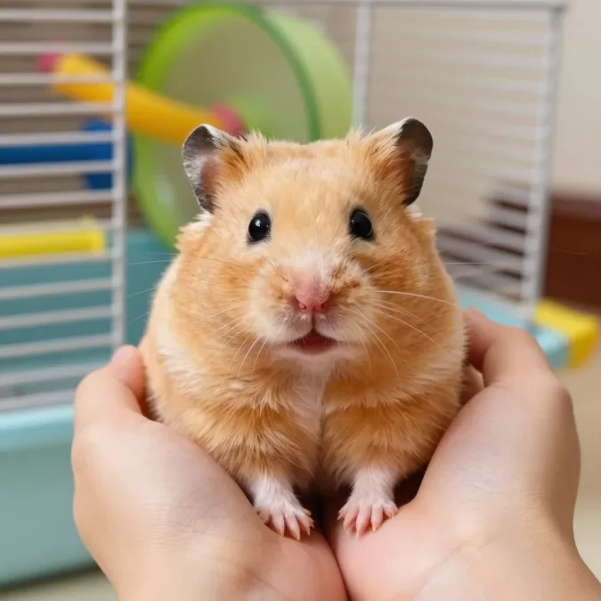 Cute Syrian hamster in a child's hands with bedding and toys visible