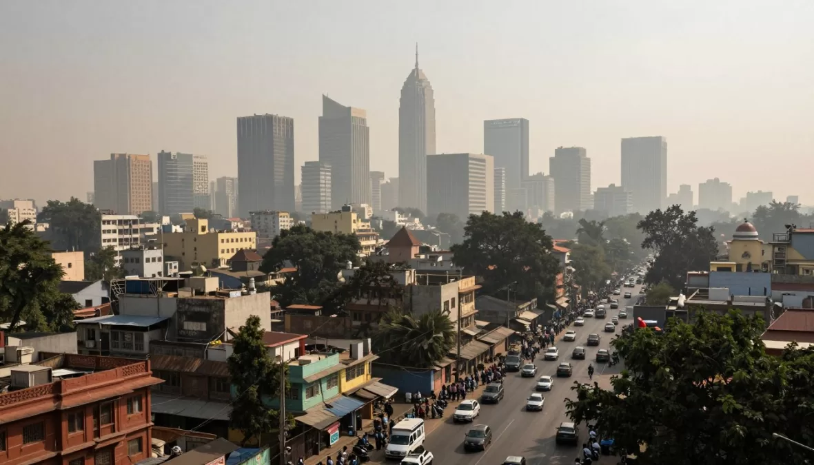 Delhi cityscape during record-breaking heat wave with visible air pollution and heat shimmer