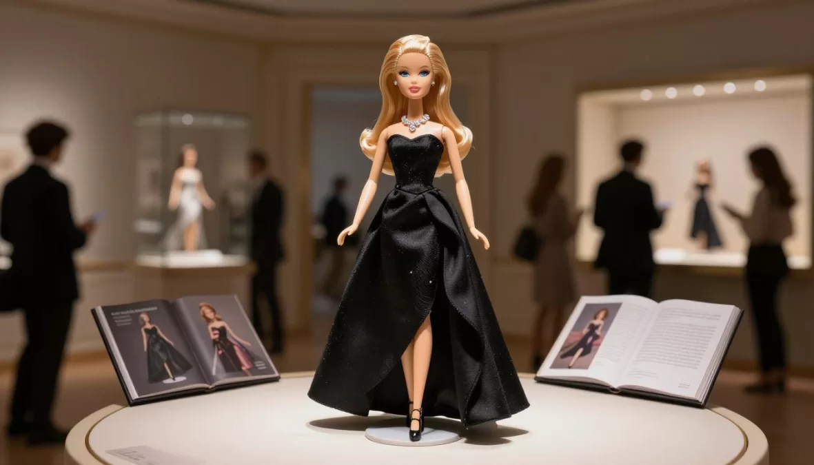 Diamond Barbie doll in complete outfit with jewelry on auction display pedestal