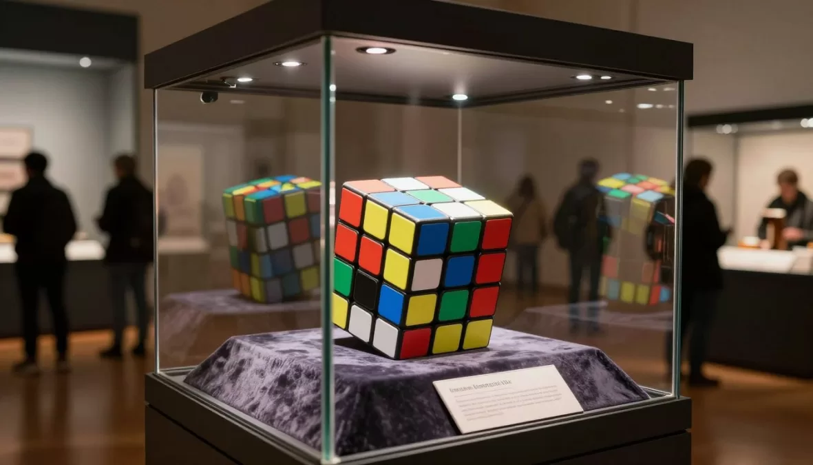 Diamond Rubik's cube displayed in museum exhibition with security lighting