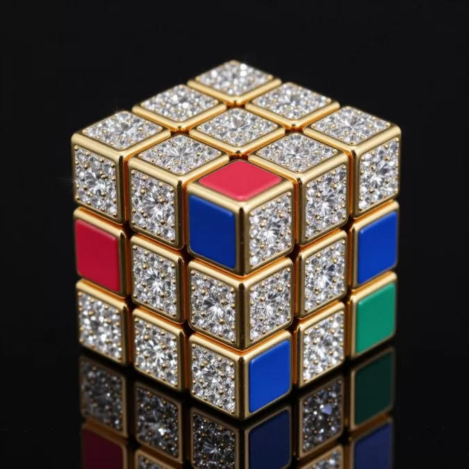 Diamond and gold Rubik's cube rotating on reflective surface with sparkling light