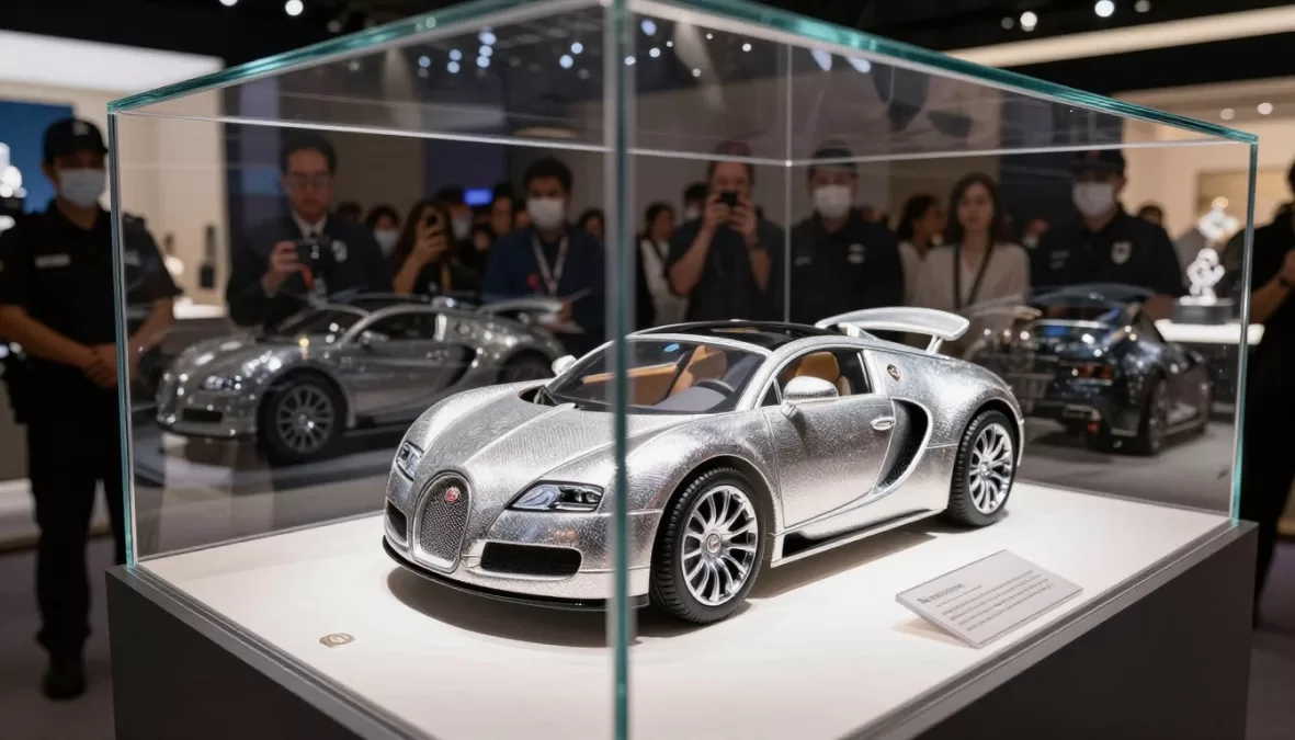 Diamond toy car displayed at international jewelry exhibition with crowds viewing