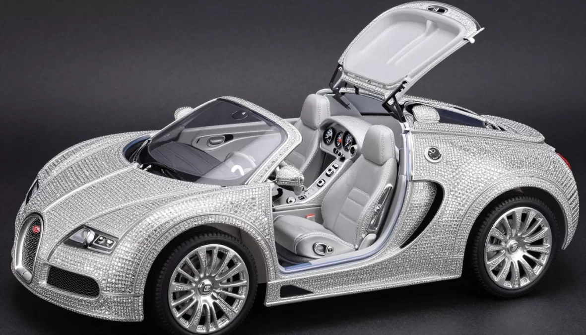 Diamond toy car with doors open showing detailed platinum interior